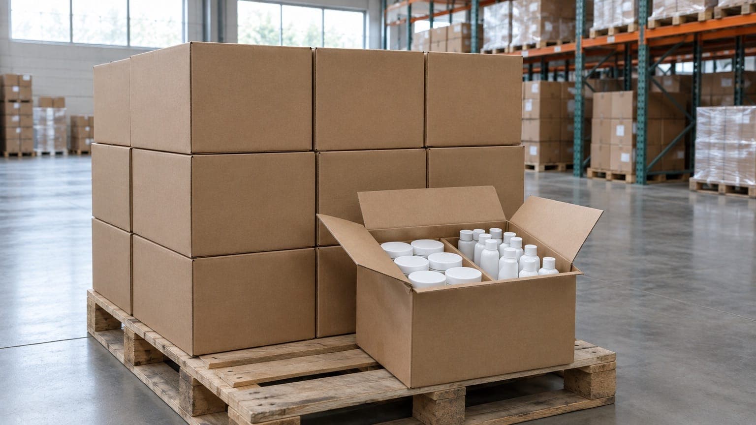 Plain brown cartons stacked on a wooden pallet in a bright warehouse, with one open carton holding white jars and bottles, and pallet racks behind