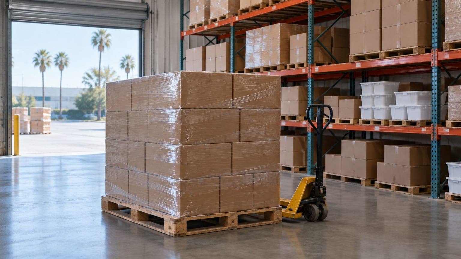 A pallet of plain brown cartons wrapped in clear film next to a yellow pallet jack in a warehouse, with orange storage racks on the right and an open dock door showing palm trees