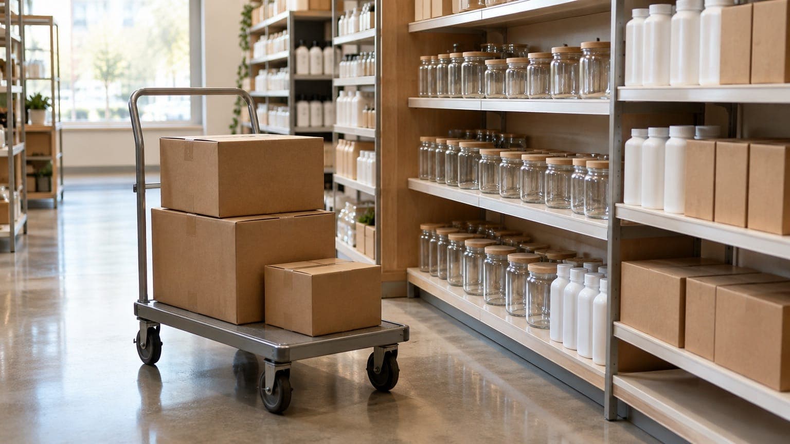 A flat steel cart with three plain brown cardboard boxes in a bright store aisle, next to wooden shelves of empty glass jars with wooden lids, white bottles and kraft boxes