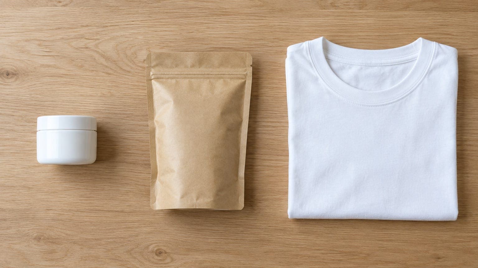 Overhead view of a white cosmetic jar, a plain kraft food pouch and a folded white cotton T-shirt laid out on a light wooden table