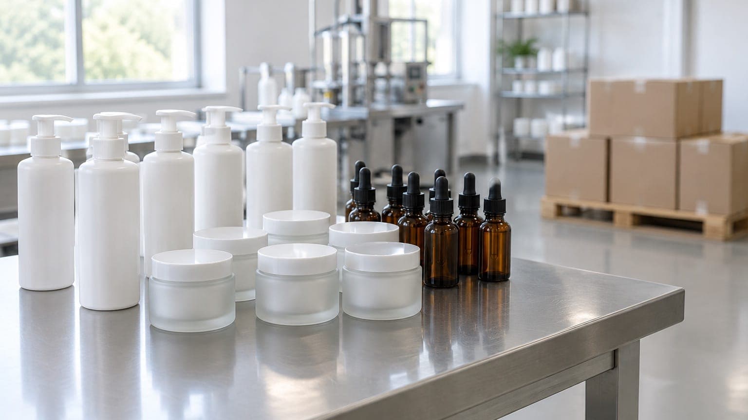 Blank white pump bottles, frosted cream jars and amber dropper bottles on a steel table in a cosmetics production room, with filling equipment and cartons behind them