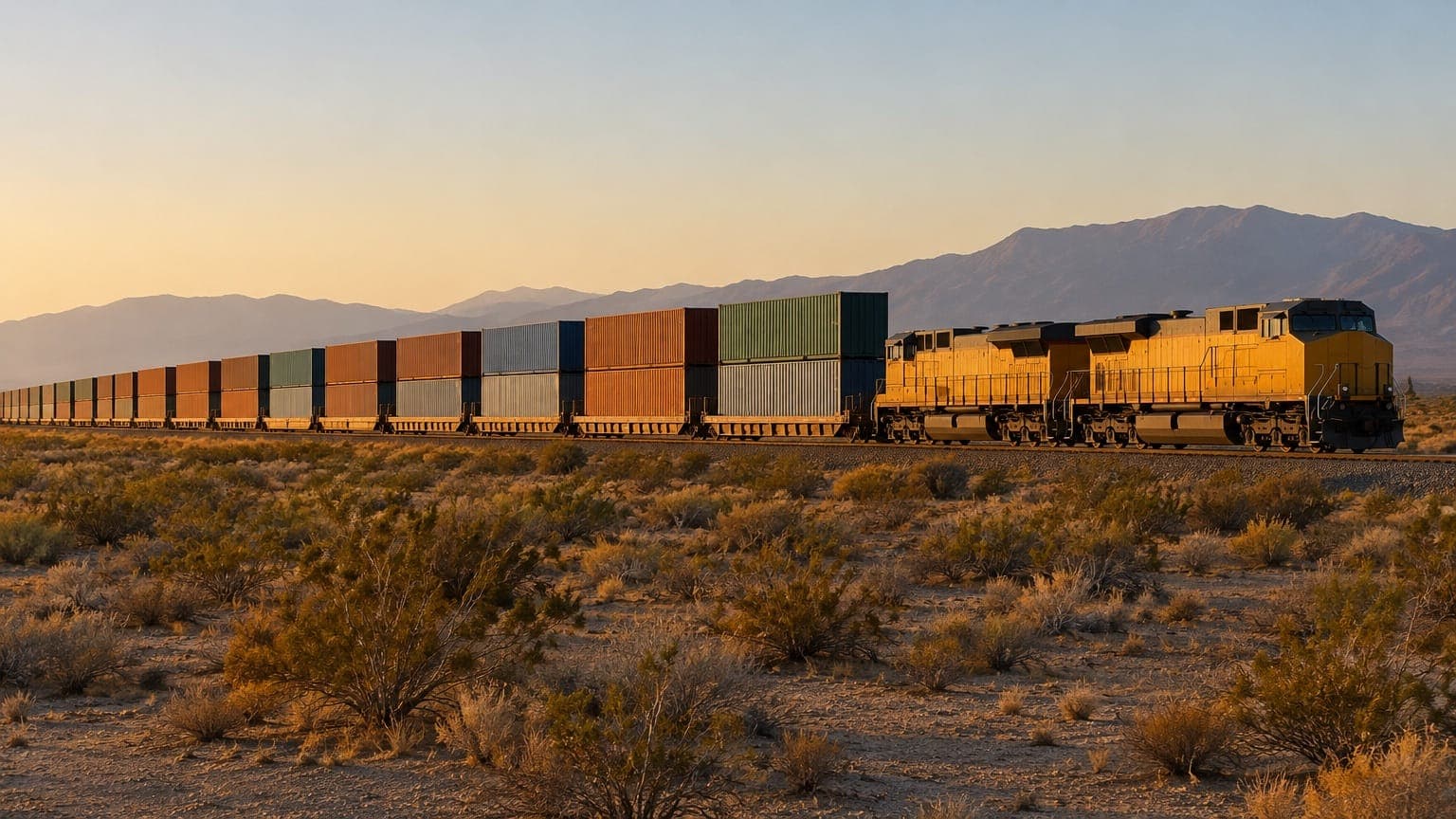 A long freight train of plain double-stacked shipping containers behind yellow locomotives crosses a California desert at golden hour, with mountains in the distance
