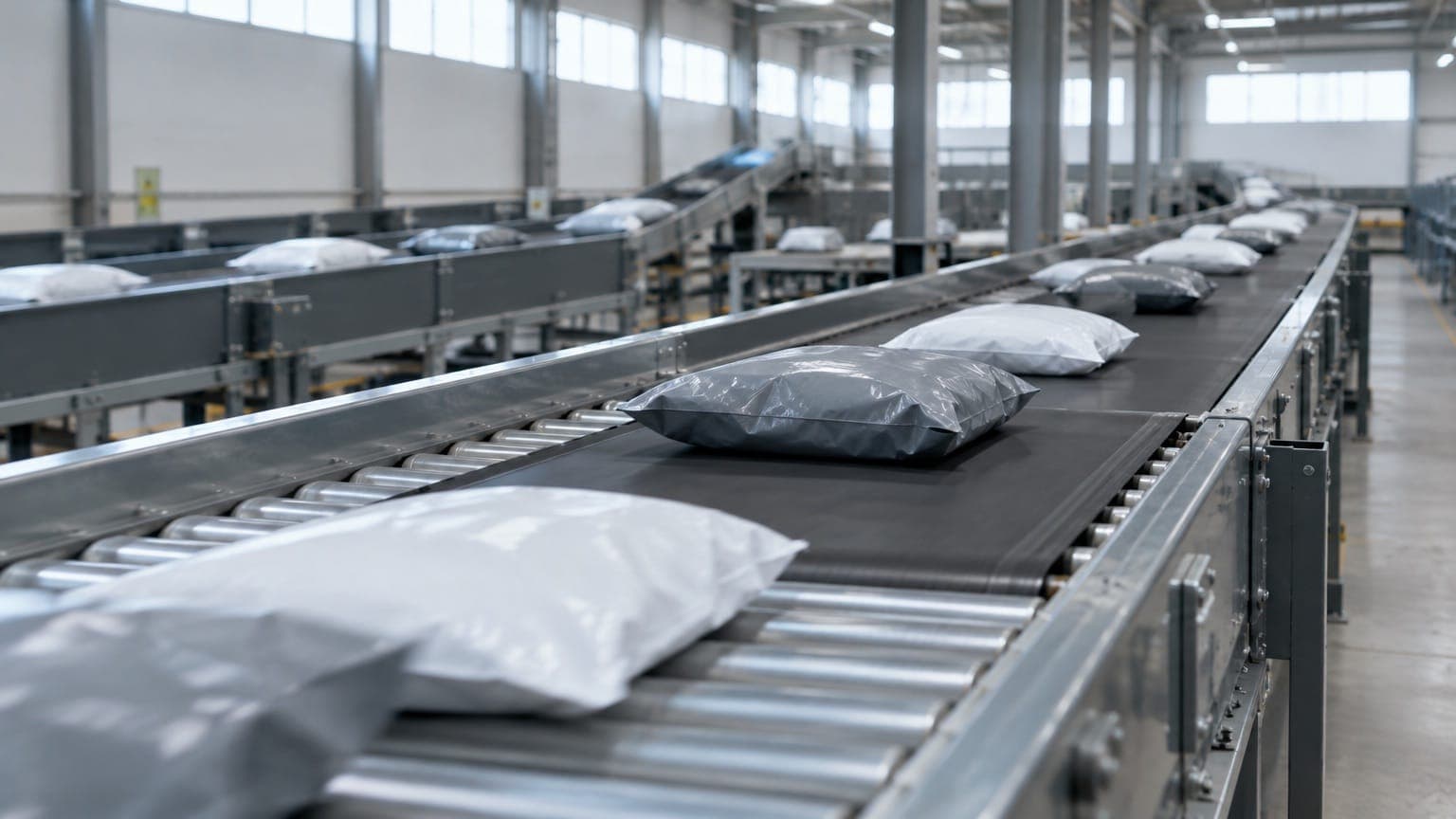 Plain grey and white poly mailer bags moving along a conveyor sorting line in a modern fulfillment center, with cool daylight coming through high windows