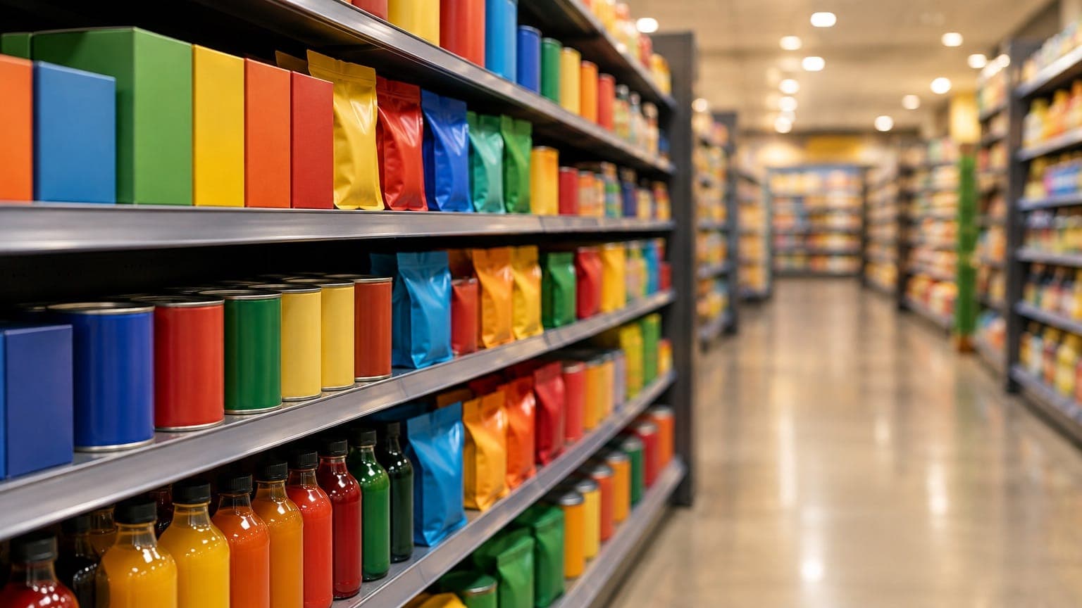 Supermarket aisle with shelves of plain red, blue, yellow and green boxes, pouches, tins and bottles, lit by ceiling lights, with the far end of the aisle out of focus