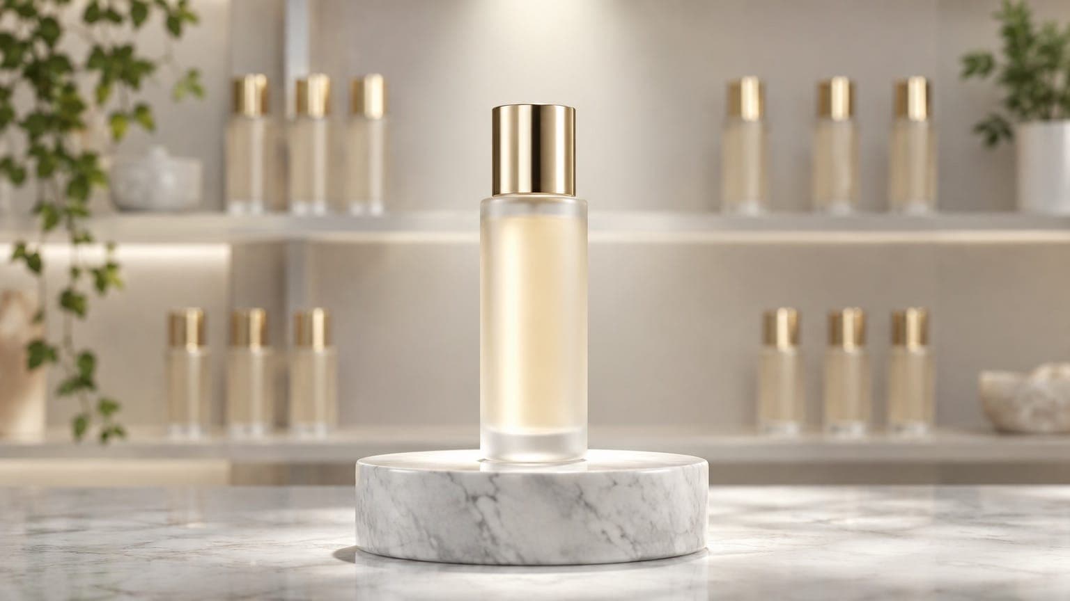 A single unlabeled premium skincare bottle on a white marble pedestal under soft light, with identical bottles blurred on shelves behind it