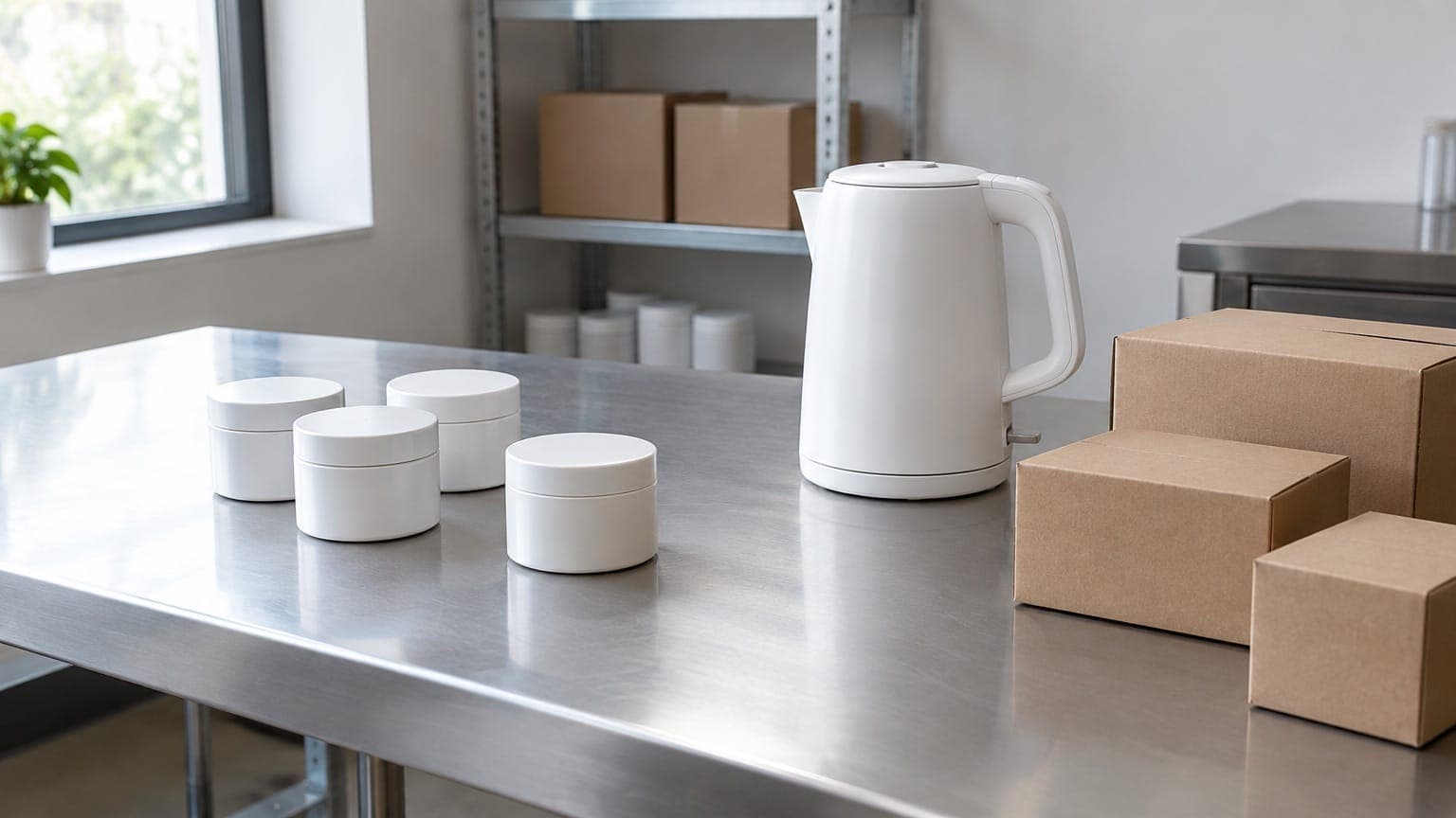 Four plain white cosmetic jars, a white electric kettle and brown cardboard boxes on a stainless steel table in a bright workroom, with metal shelving and a window behind